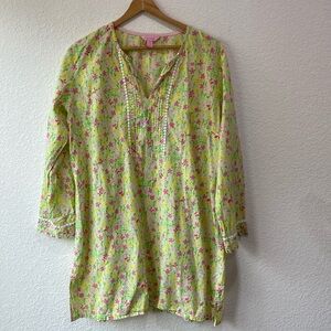 Lily Pulitzer Women's V Neck Floral Long Sleeve Tunic 100% Cotton Top Size L